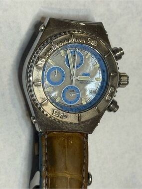 Vintage TechnoMarine TechnoSport Chronograph MOP Blue Dial Leather Watch 200M
